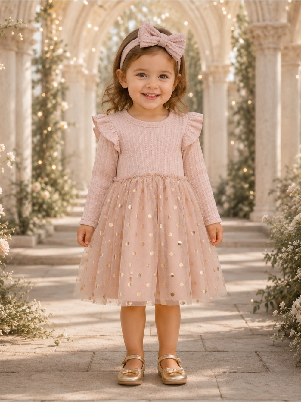Just Lizzy Girls 3T Pink Gold Polka Dot Tulle Dress Headband NWT